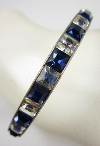 Lovely Sterling Art Deco Sapphire Clear Crystal Rhinestone Bangle Bracelet