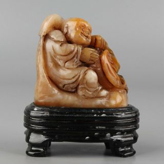Chinese Exquisite Hand Carved Buddha Shoushan Stone Seal With Base