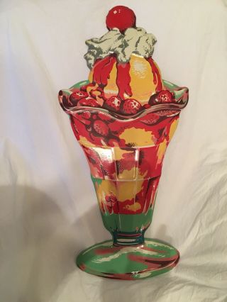 Vintage Metal Ice Cream Cut - Out Sundae Sign.  Old.  28”