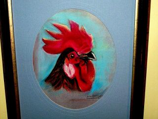 Vtg Laura Ashbrenner Pastel Painting: Portrait Of Rooster Male Chicken On Blue