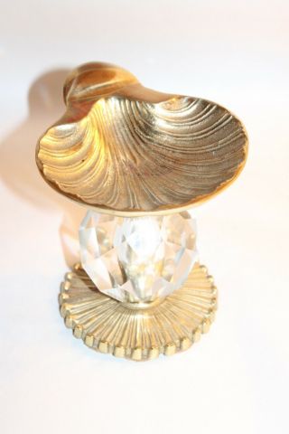 Vtg Soap Dish Vanity Bathroom Brass Shell Crystal Pedestal Mid Century Hollywood