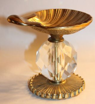 Vtg SOAP DISH Vanity Bathroom Brass Shell Crystal Pedestal Mid Century Hollywood 2