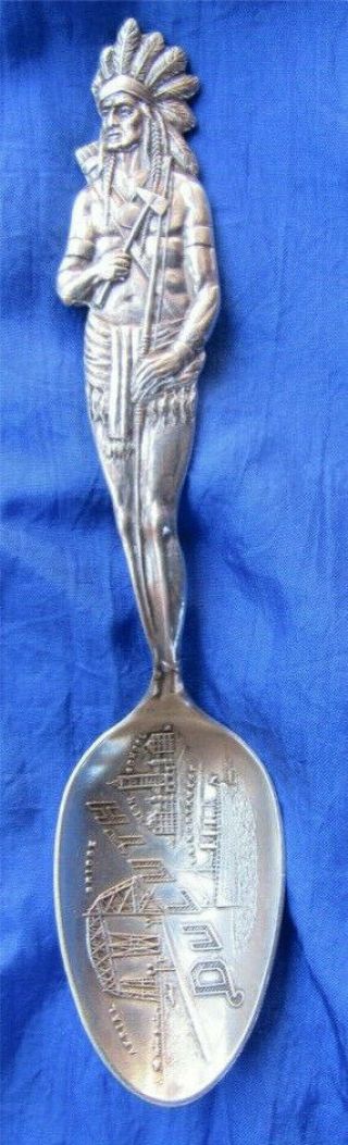 ml - 0002.  Sterling Silver Souvenir Spoon.  Full Figure ndian Warrior Aerial Duluth 5