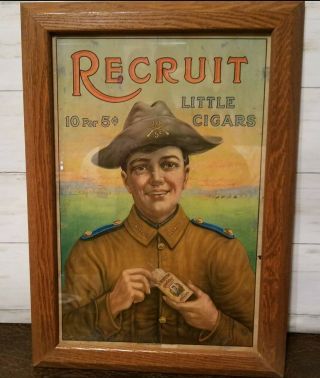 Antique 1909 Recruit Little Cigars Poster Sign - Liggett & Myers Tobacco Co.