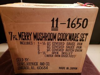 Vintage 1970 ' s Sears Merry Mushroom 7 pc Cookware Set NEVER UNBOXED OR 2