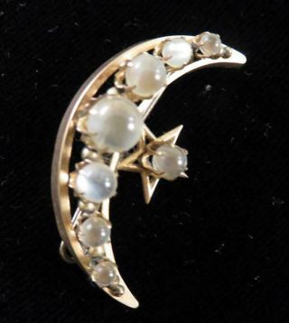 Victorian Gf Crescent Moon And Star Pin With Moonstones