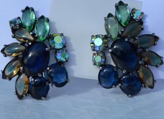 Schiaparelli Large Dramatic Earrings/signed/blue/green Glass & Ab Rhinestones