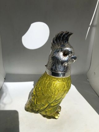 Parrot Yellow Glass Silver Plated Decanter Glass Eyes Cockatoo Birds Unusual