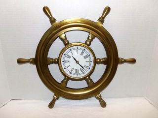 Vintage 18 " Nautical Ships Wheel Wall Quartz Brass Clock