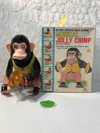 Musical Jolly Chimp Battery Operated Vintage Japan Tin Toy W Box & Tag