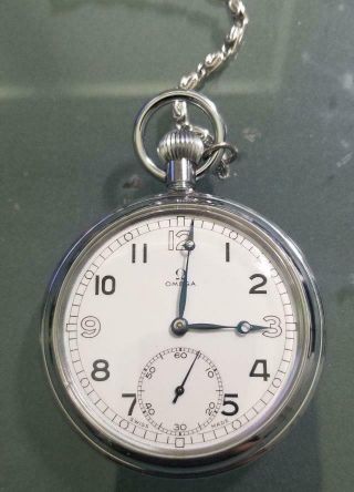 Vintage Omega Stainless Steel Pocket Watch With Chain In Good