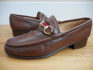Vtg Gucci Brown Leather Horse Bit Red/green Web Stripe Moccasin Loafers 8.  5/42