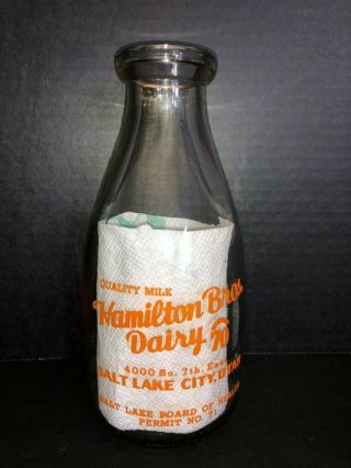 Vintage Hamilton Bros.  Farm Dairy Milk Bottle Duraglas Salt Lake City Utah 1 Qt