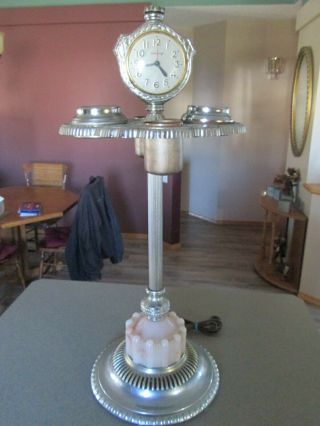 Vintage Chrome Ashtray Stand with CLOCK & Slag Glass 2