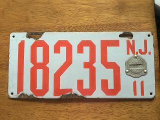Antique Vintage Jersey 1911 Porcelain License Plate W/certified Badge 18235