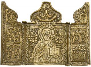 Old Antique Russian Bronze Triptych,  19th Century