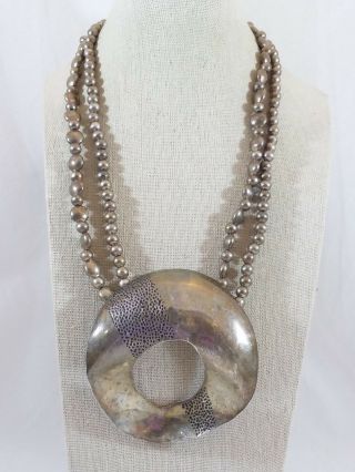 Vintage Signed Sterling Silver Large Brutalist Pendant Ball Bead Chain Necklace