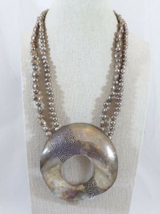 Vintage Signed Sterling Silver Large Brutalist Pendant Ball Bead Chain Necklace 2