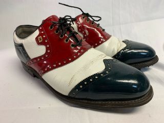Vtg Footjoy Classics Dry Premiere Mens Golf Shoes White Red Blue 9.  5d 50802