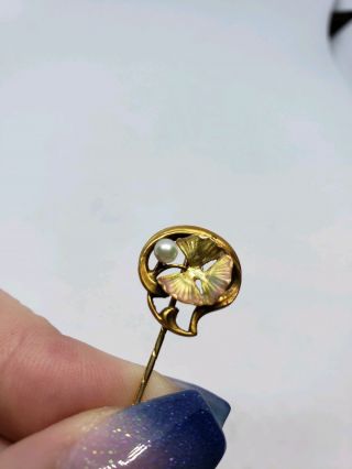 Antique Art Nouveau 14k Yellow Gold 585 Flower Enamel Pearl Stick Lapel Pin