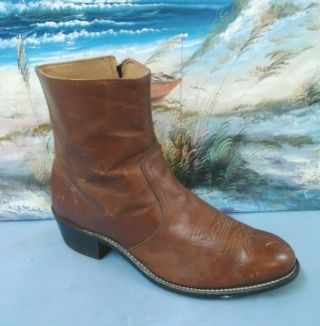 Vintage Western Brown Leather Ankle Boot Side Zipper Mens 11 Ee - 1197