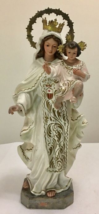 Vintage Virgen De La Merced 17 " Inch Statue Our Lady Of Merced Glass Eyes/ Spain