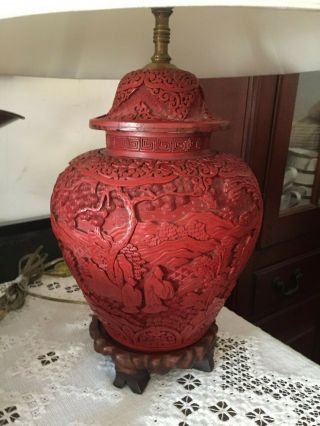 Antique Chinese Carved Lacquered Red Cinnabar Ginger Jar Lamp Rosewood Base 23 "