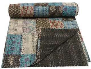 Indian Cotton Kantha Quilt Throw Blanket Bedding Queen Patchwork Vintage Size