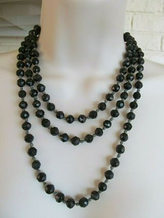 Vintage Whitby Jet 60 " Hand Knotted Black Bead Mourning/flapper Necklace 52 Gram