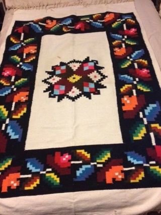 Vintage Mexican Woven Wall Hanging Rug Large Border Multi Colored Star