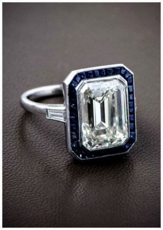 Art Deco 4.  5ct Asscher Cut Diamond Blue Sapphire Vintage Antique Ring 925 Silver