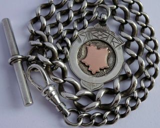 Lovely Antique Solid Silver Pocket Watch Albert Chain & Silver & Rose Gold Fob