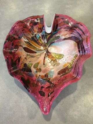 Vintage Murano Art Glass Pink Cased Avem Aventurine Bowl Heart Shaped Dish