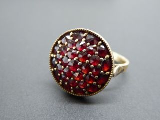 Vintage Bohemian Rose Cut Garnet Silver Gilt Gold Wash Czech Round Ring Size 7