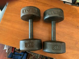 Vintage Roundhead 30 Lb York Barbell Dumbbell Round Head U.  S.  A 1 Pair