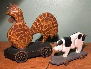 Vtg Primitive Style Hand Painted Wooden Cow & Chicken Pull Toys - Robert Kauffman