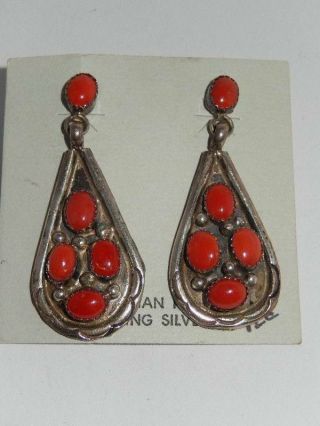 Vintage Navajo Sterling Silver Red Coral Drop Earrings Signed