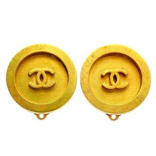 Authentic Vintage Chanel Earrings Gold Cc Logo Round Ea2189