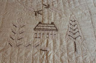 Vintage Pair Hand Stitched & Embroidered Cotton Quilts 76x84 Houses Trees,
