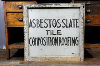 Vintage Asbestos Slate Tile Roofing Window Glass Sign Wood Frame Chippy Paint