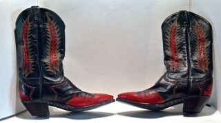 Tony Lama Men ' s Vintage Western Boots / Black calfskin & Red Lizard Leather 11 - D 2