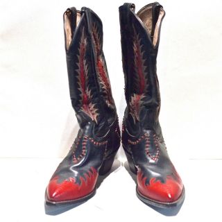 Tony Lama Men ' s Vintage Western Boots / Black calfskin & Red Lizard Leather 11 - D 3