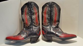 Tony Lama Men ' s Vintage Western Boots / Black calfskin & Red Lizard Leather 11 - D 8