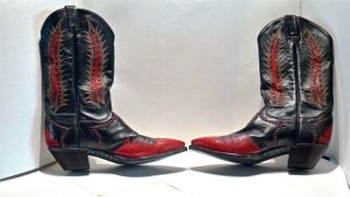 Tony Lama Men ' s Vintage Western Boots / Black calfskin & Red Lizard Leather 11 - D 9