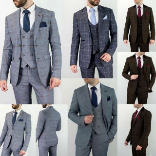 Cavani Mens 3 Piece Designer Check Smart Vintage Party Wedding Slim Fit Suit