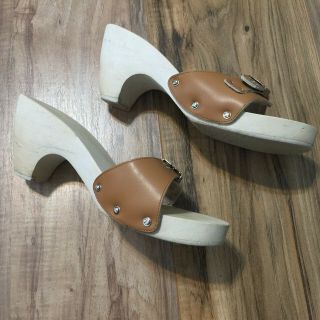 Dr Scholls Rare Vintage 80s Italy Wooden Sandal Heeled Slide 7.  5 - 8 Camel Brown 3