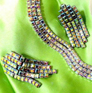 Vtg 60s Rare Runway Monet Deco Set W Swarovski Ab Crystal Bracelet Earrings