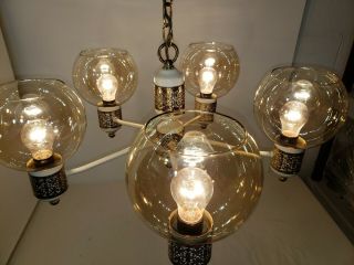 Vintage John Virden 5 Arm Brass Chandelier Ceiling Fixture Smoke Globe White 2