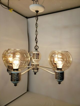 Vintage John Virden 5 Arm Brass Chandelier Ceiling Fixture Smoke Globe White 4