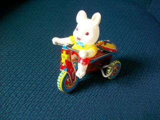 Vintage Bunny Rabbit On Bike Litho Tin Wind Up Mechanical Toy Made In Japan